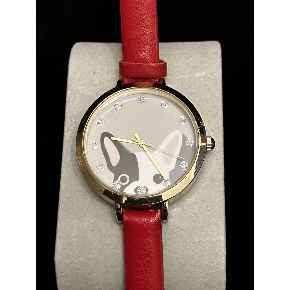 French Bulldog Frenchie Dog Rhinestone Quartz Women's Watch Red Faux Leather